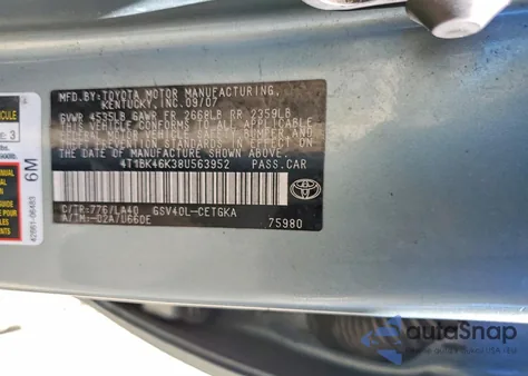 2008 Toyota Camry Xle V6 from USA, damaged, VIN 4T1BK46K38U563952